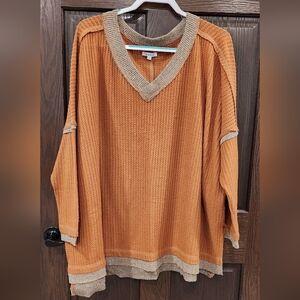 White Birch Orange and Tan V-Neck Sweater